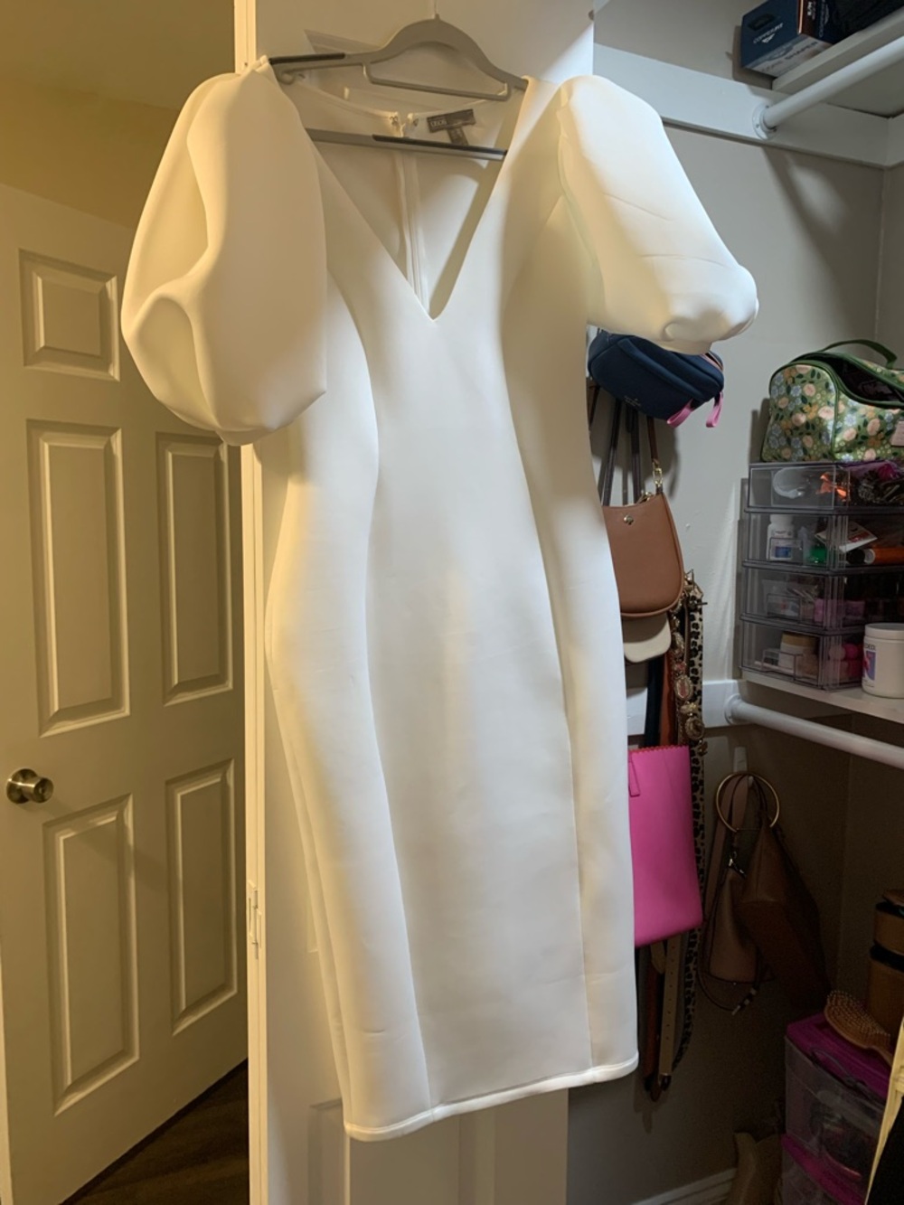 ASOS White V-Neck Scuba Midi Dress with Puff Sleeves